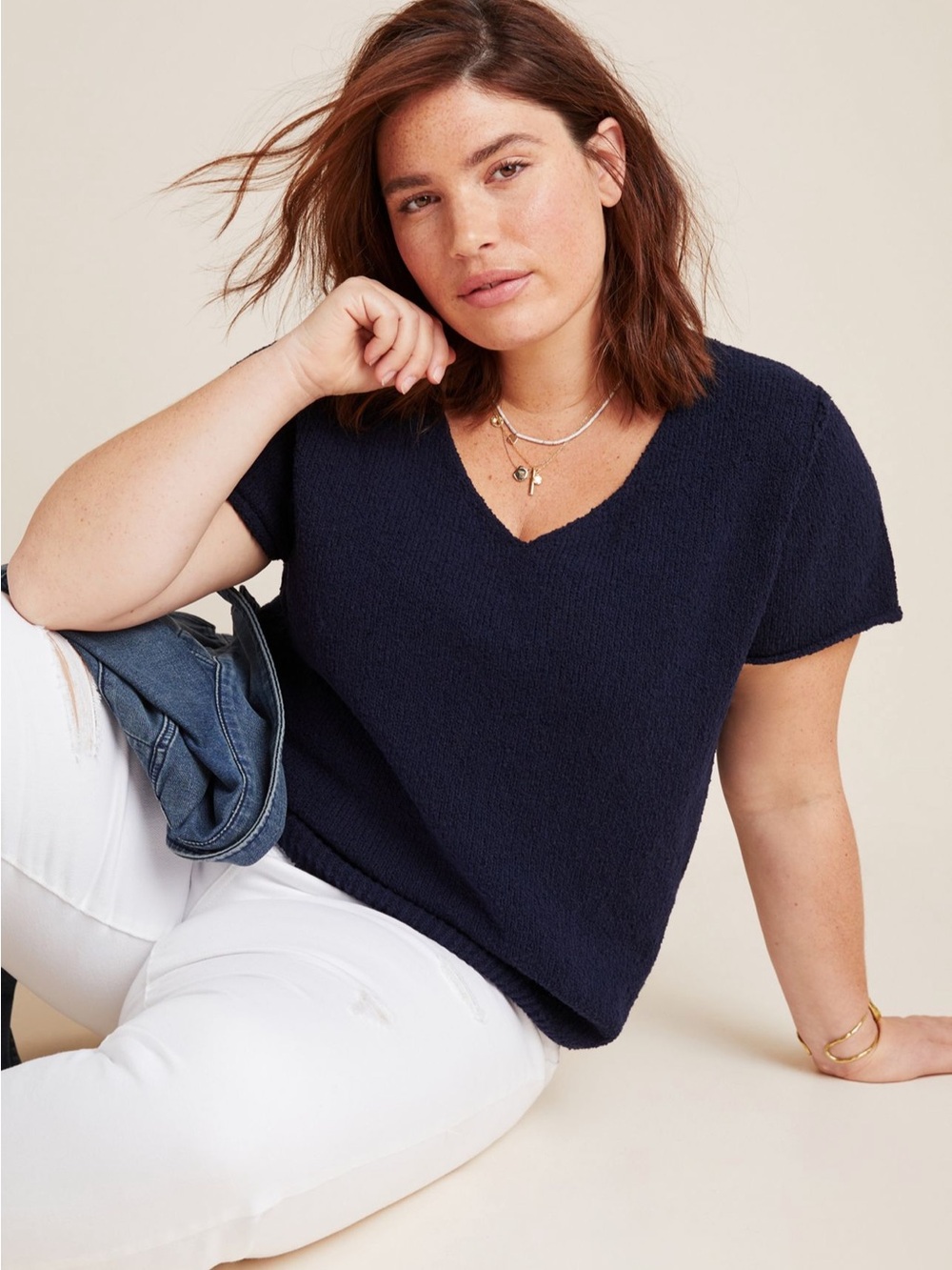 Anthropologie Short Sleeve Textured V-Neck Sweater Tee - Picture 3 of 9